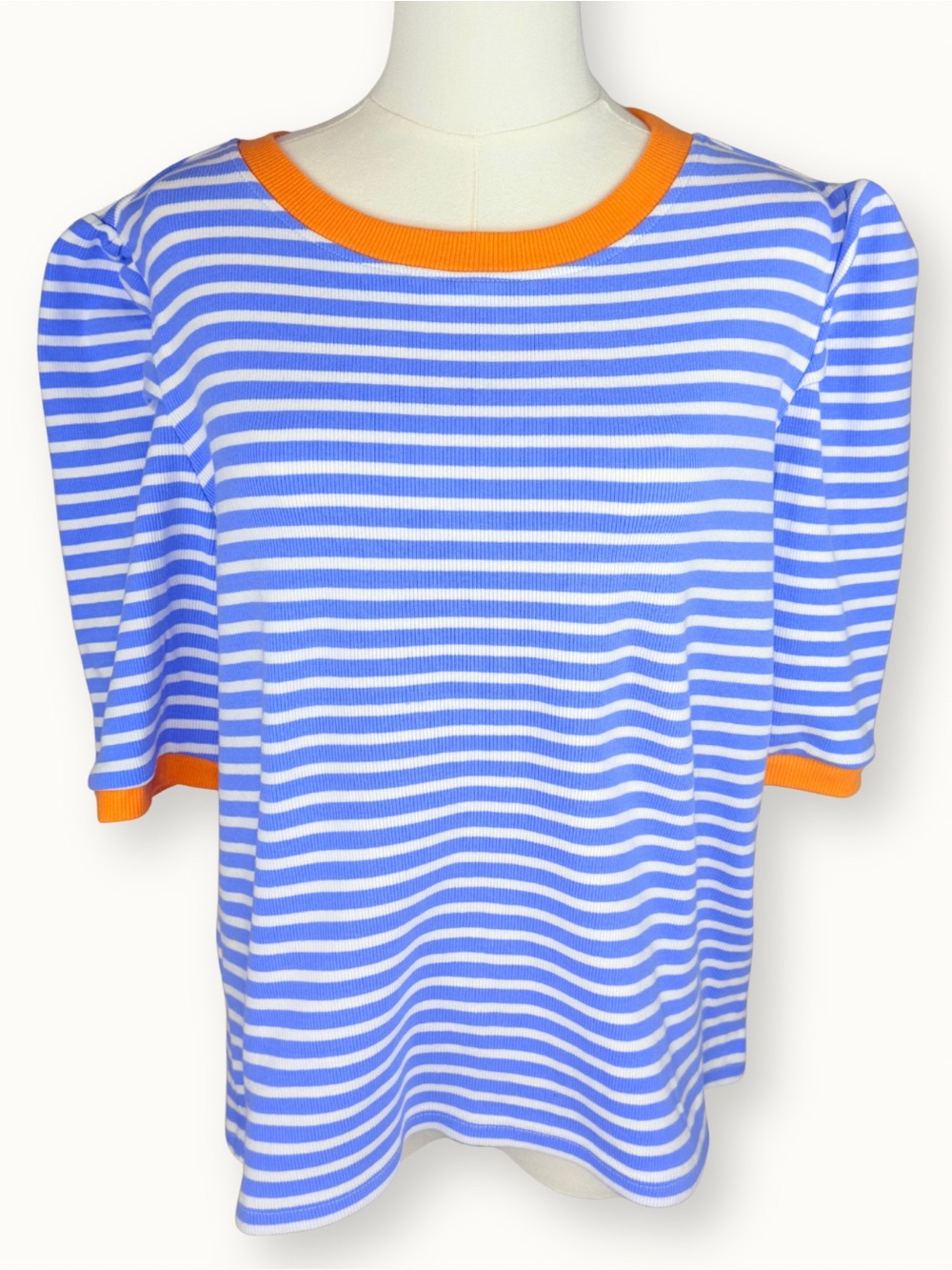 Rebecca Minkoff Striped Puff Sleeve Tee Ribbed Knit Top Blue Orange XL